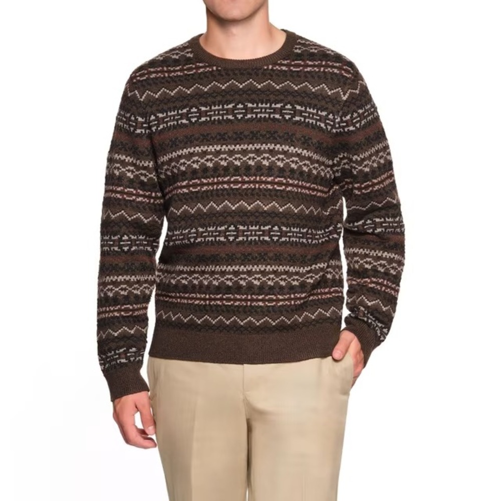 Lands' End Mens Fair Isle Sweater Brown Crewneck Pullover XXL NWT